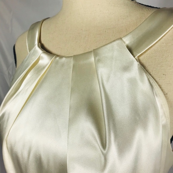 Ivory Satin and Black Pleated Halter Formal Dress - Picture 3 of 7
